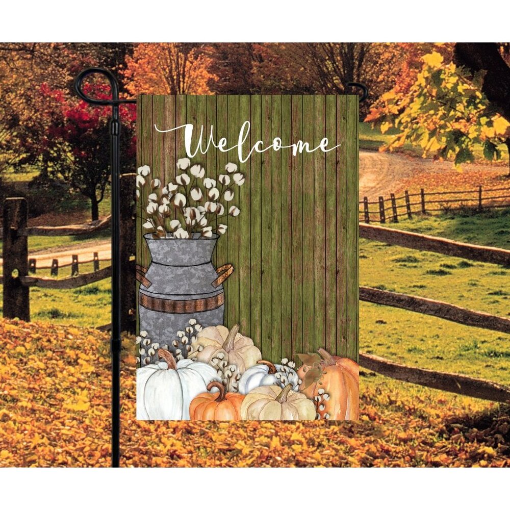 Welcome Milk Can Pumpkins Fall Garden Flag